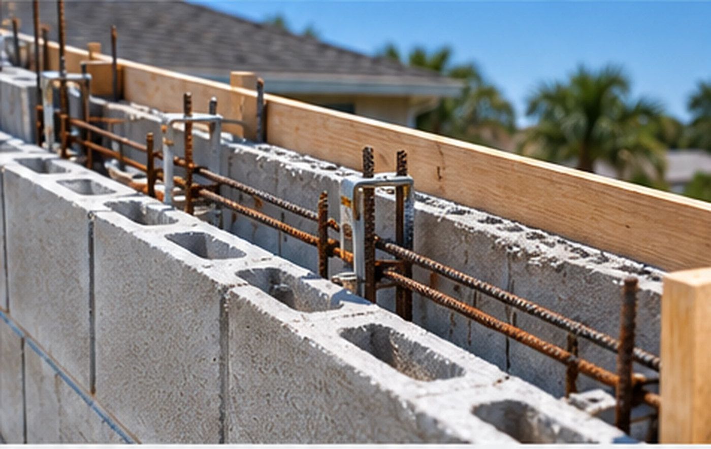 Conceptual illustration of horizontal rebar and vertical reinforcement within concrete masonry bond beam construction