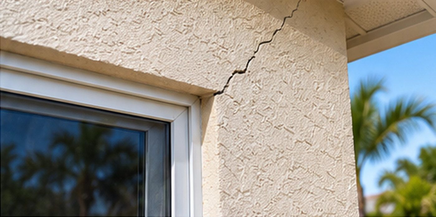 AI illustration of a diagonal crack in exterior stucco beside a window opening