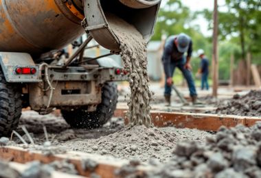 Cement mixer pouring wet concrete at a construction site, with workers in the background