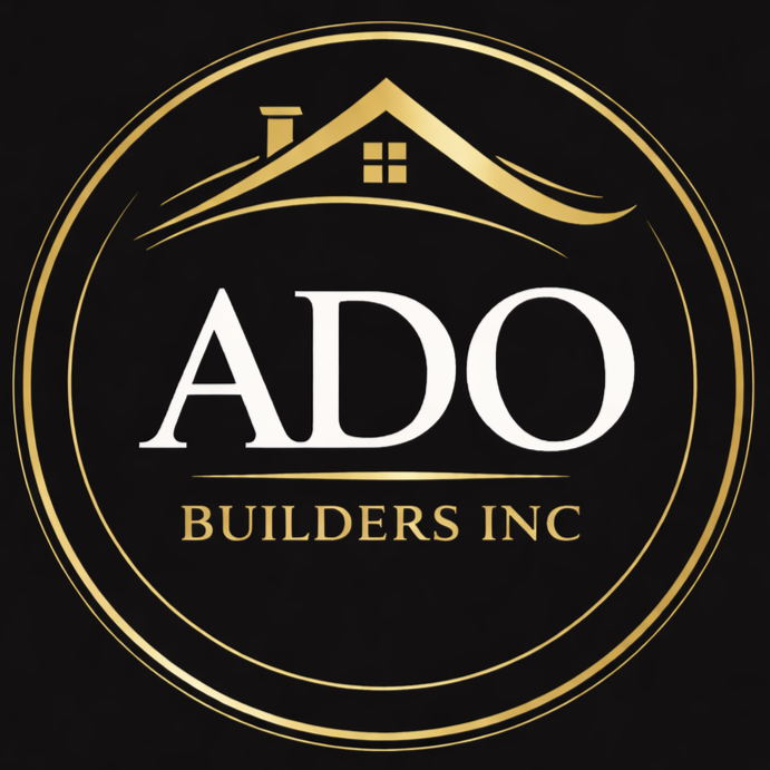 ADO Builders Inc logo in gold and white on a black circular background with a house roof icon