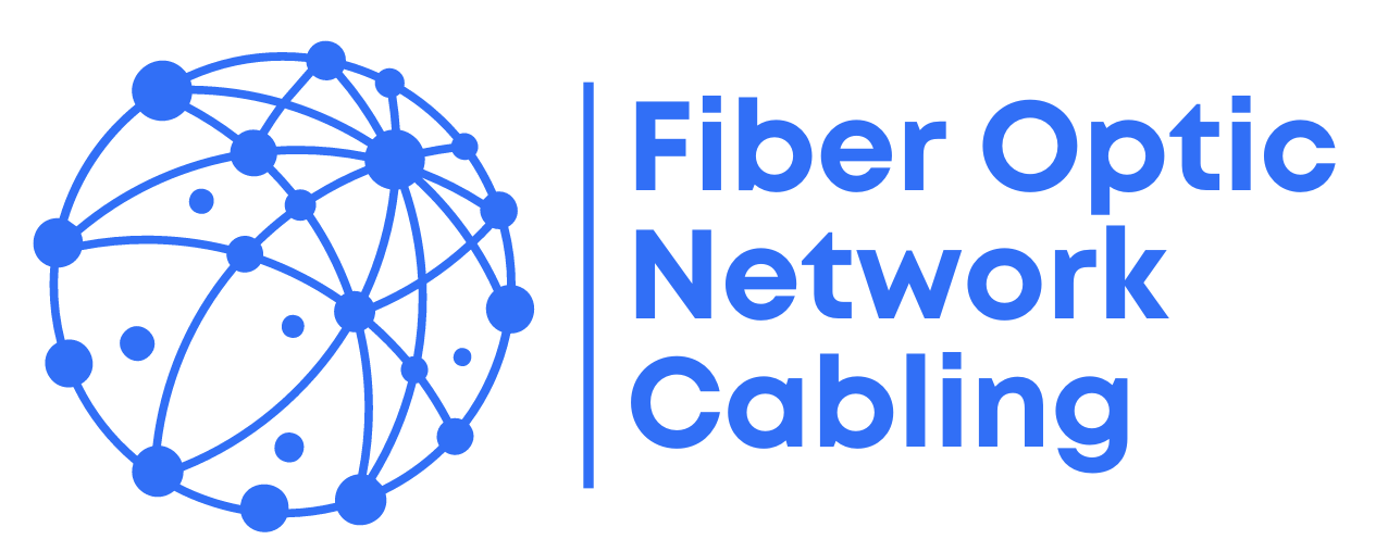 Fiber Optic Network Cabling A blue logo for fiber optic network cabling with a globe in the middle.