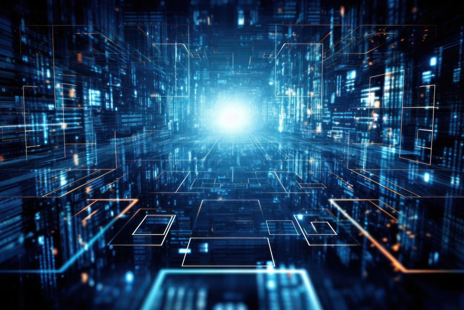 A computer generated image of a futuristic city with a light at the end of the tunnel.