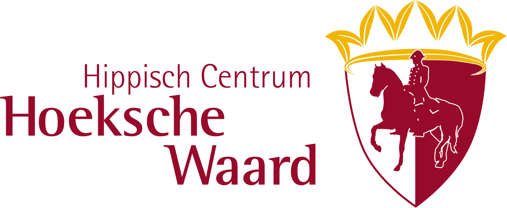 Logo for Hippisch Centrum Hoeksche Waard: text with a shield, horse & rider, topped with a crown.