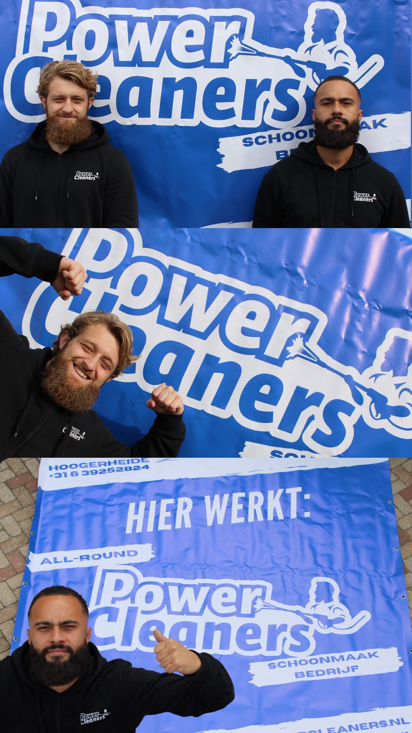 Drie panelen met een banner van 