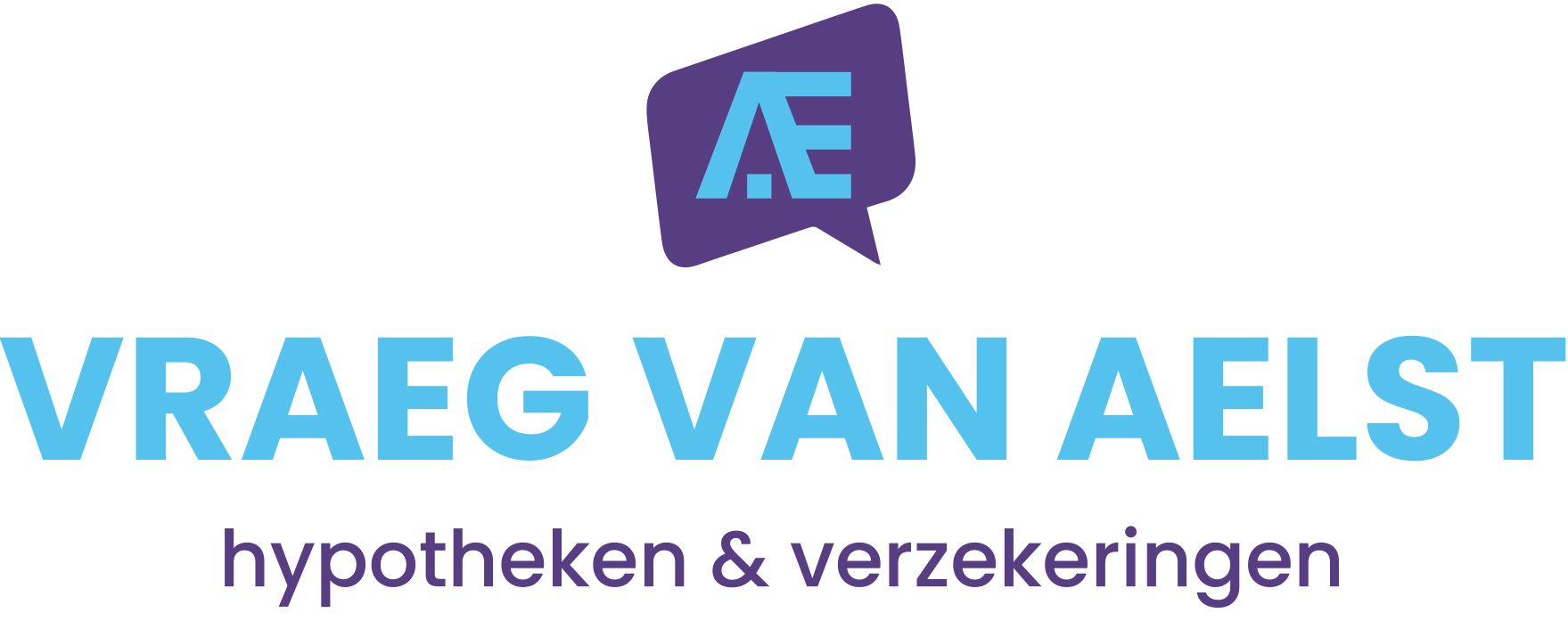 Logo voor Vraeg Van Aelst, een bedrijf dat hypotheken en verzekeringen aanbiedt. Met blauwe tekst en een paarse tekstballon.