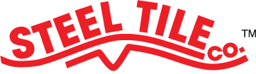 A red and white logo for steel tile co.
