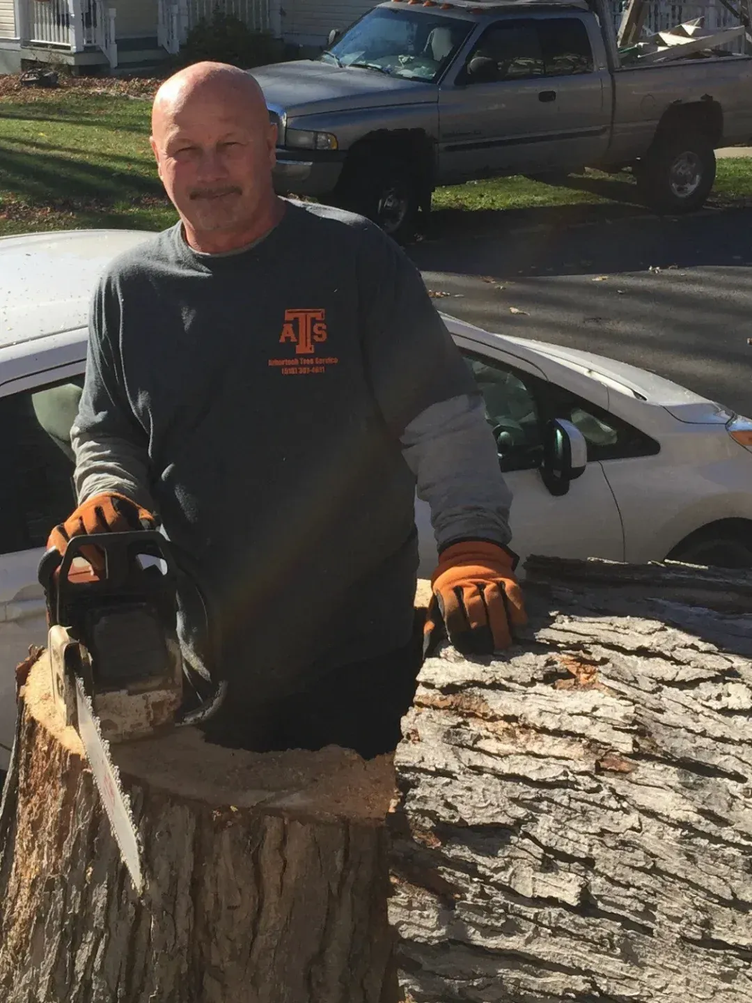 A man wearing gloves and a dark T-shirt stands by a large tree stump while holding a chainsaw outdoors.