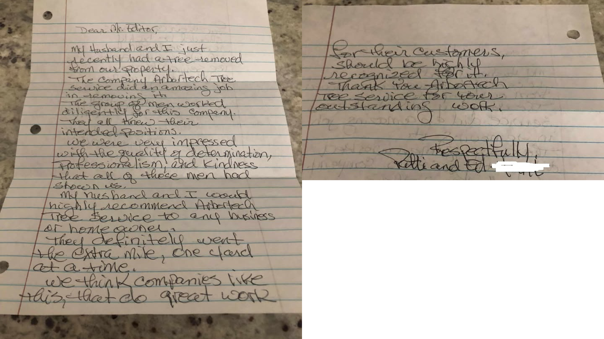 A handwritten thank-you note on lined notebook paper, praising a company for their professional service and hard work.