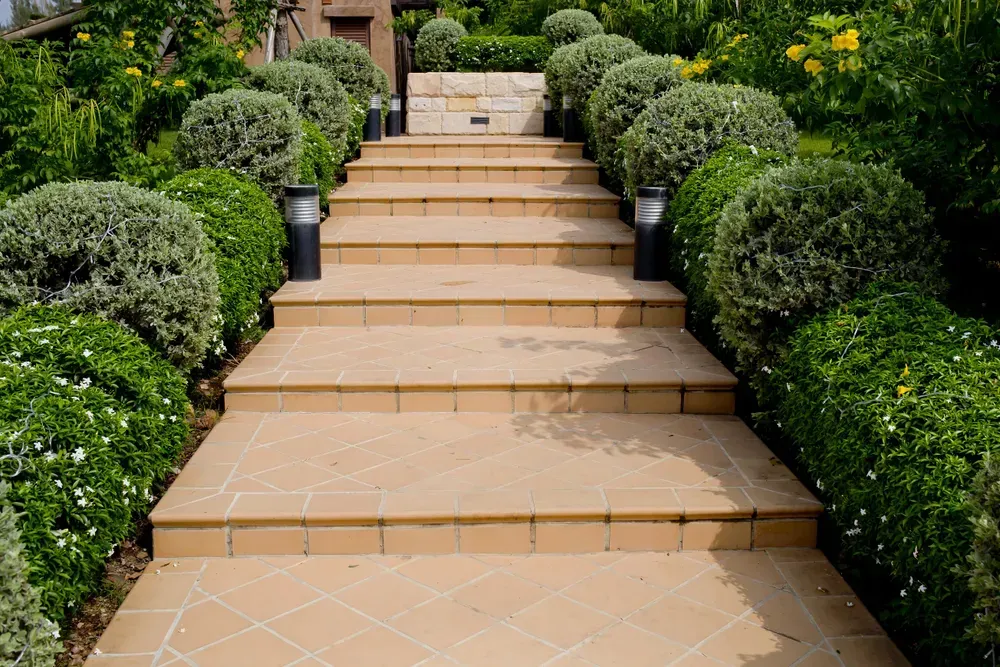 Stone staircase lined with neatly trimmed bushes and small black lamps.