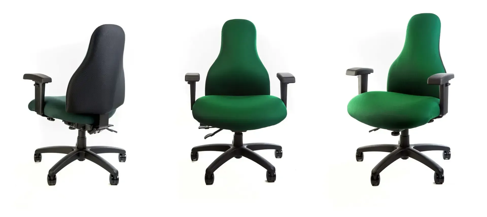 Three green office chairs on a white background, viewed from different angles.