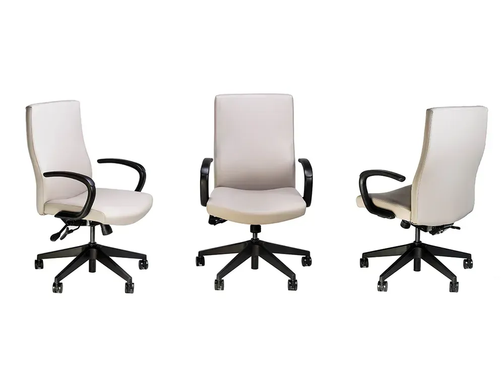Three beige office chairs on white background. Black armrests, base, and casters.