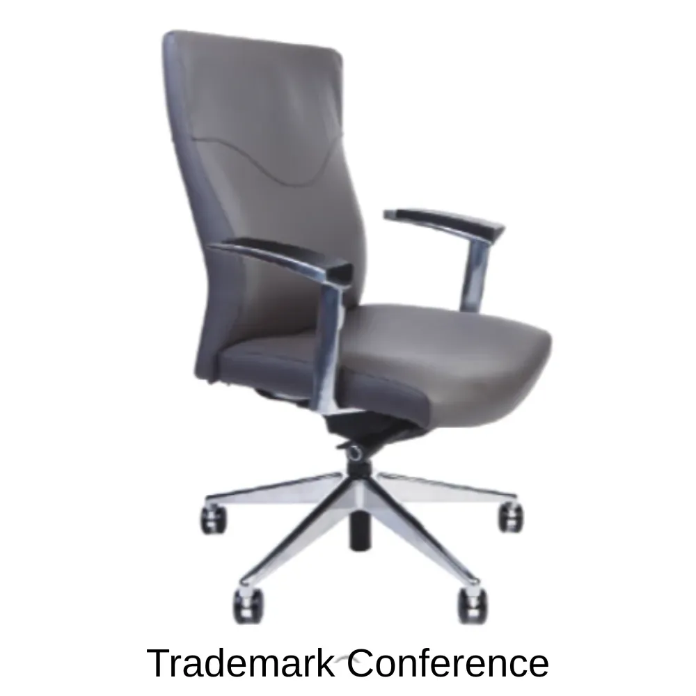 Gray leather office chair with chrome arms and base; labeled 
