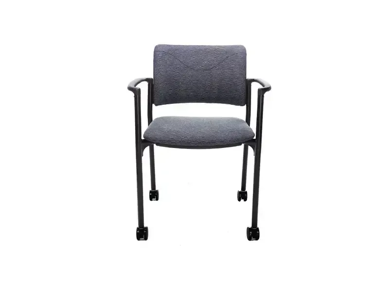 Gray office chair with black arms and rolling casters.