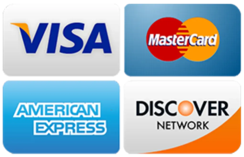 Visa, MasterCard, American Express, and Discover payment card logos on a white background