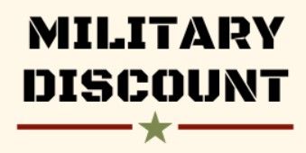 Bold black “MILITARY DISCOUNT” text with a green star and red lines underneath.