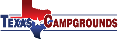 Texas Campgrounds logo with red and blue text over a Texas-shaped graphic