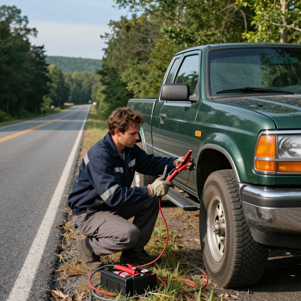 Una persona arrodillada al borde de la carretera, utilizando cables de arranque para conectar una batería portátil al motor de un camión verde.