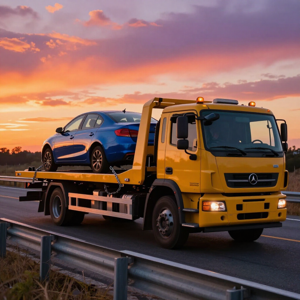 Un sedán azul es cargado en una grúa de plataforma amarilla que circula por una autopista durante una vibrante puesta de sol.