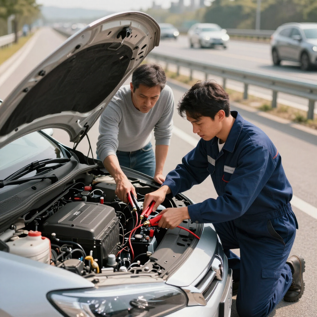 Un técnico y un automovilista conectan cables de arranque a la batería de un coche al costado de una carretera.