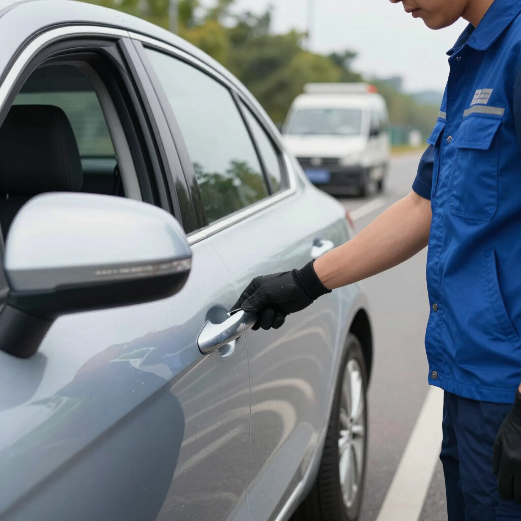 Una persona con uniforme azul y guantes negros abre la puerta de un coche plateado en una carretera, con una furgoneta blanca a lo lejos.