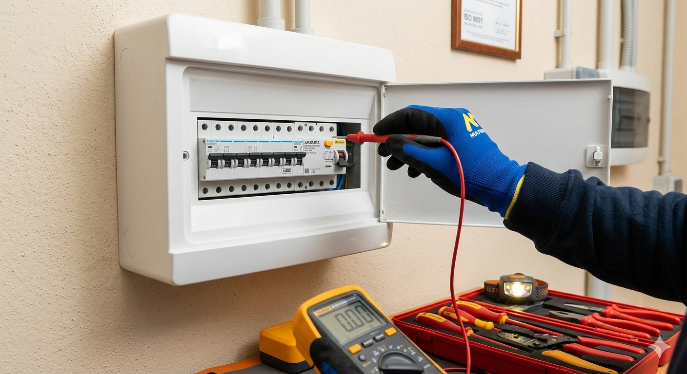 Scatola portafusibili elettrica con fili rossi e neri all'interno di un involucro bianco.