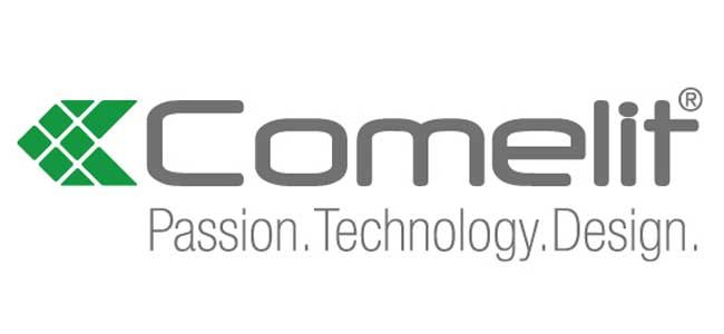 Logo Comelit con forma geometrica verde e scritta: Passione.Tecnologia.Design.