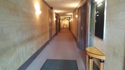 Long apartment hallway with beige walls, brown carpet, and doors along both sides.
