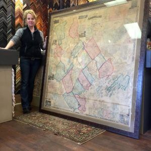 Elizabeth Norman, CPF This antique 1857 Cumberland County map paired perfectly with Larson Juhl's 'Whitman' moulding. The map, in fact, was printed during Whitman's prime
