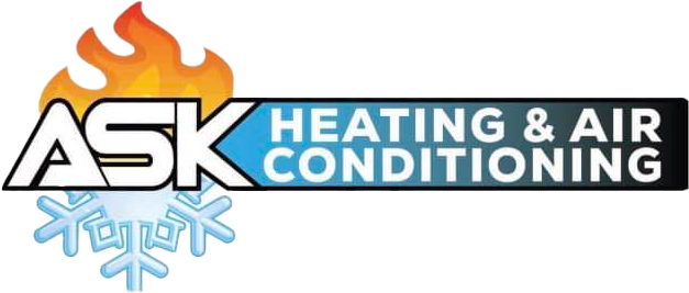 ASK Heating & Air Conditioning logo with orange flame and blue snowflake icons
