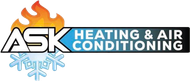 ASK Heating & Air Conditioning logo with orange flame and blue snowflake icons