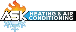 ASK Heating & Air Conditioning logo with orange flame and blue snowflake icons