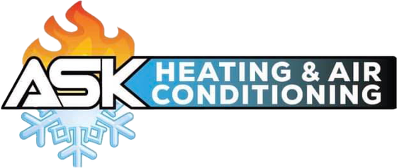 ASK Heating & Air Conditioning logo with orange flame and blue snowflake icons
