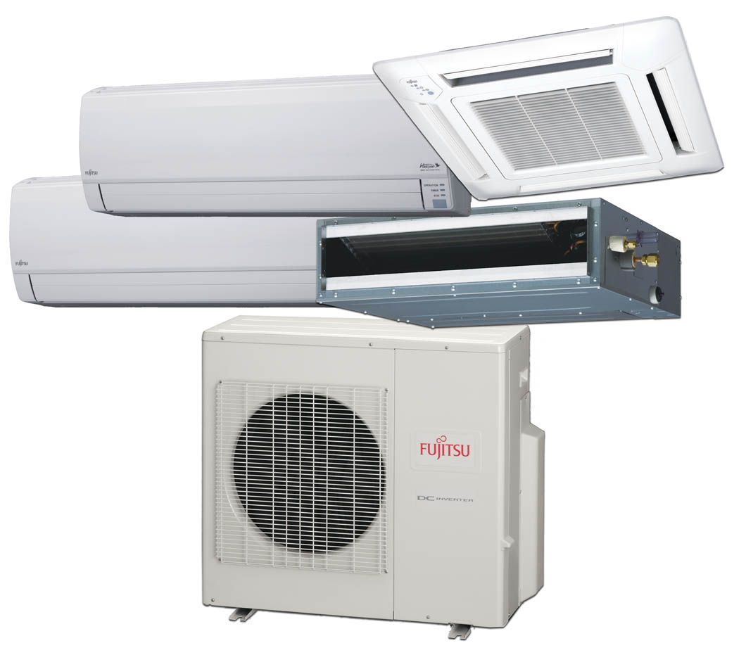 Split air conditioner set with white indoor unit and outdoor compressor unit on a white background
