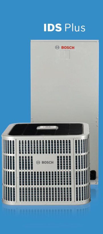 Bosch IDS Plus HVAC system with outdoor unit and indoor cabinet on blue background