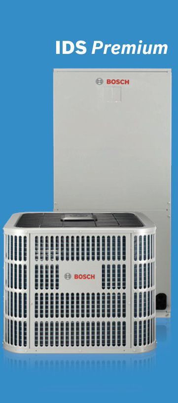 Bosch IDS Premium HVAC outdoor unit and matching indoor cabinet on a blue background