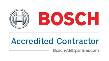 Bosch Accredited Contractor badge with logo, red BOSCH text, and bosch-ABCpartner.com