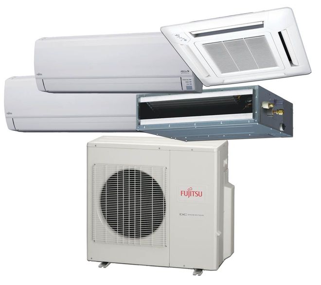 White split air conditioner with indoor unit, ducted ceiling cassette, and outdoor condenser unit on white background
