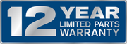 12-year limited parts warranty badge on blue background