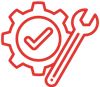 A red icon of a gear with a check mark and a wrench.