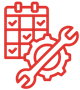 A red icon of a calendar , gears and a wrench.