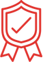 A red shield with a check mark on it and a ribbon around it.