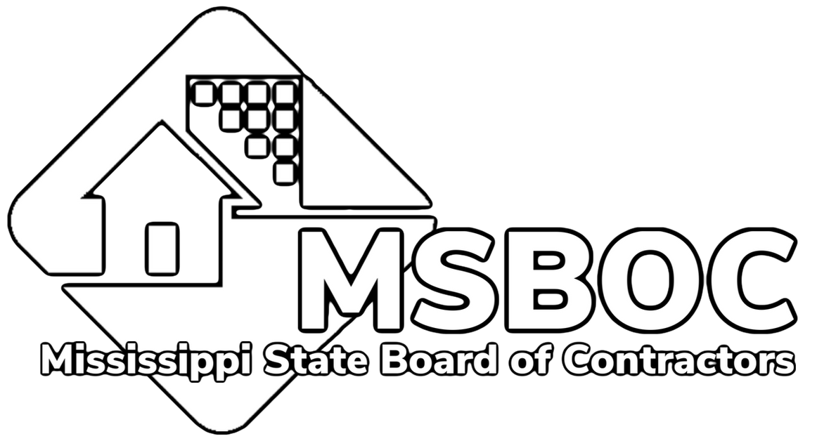 A black and white logo for the mississippi state board of contractors.