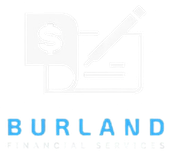 Burland Financial Services logo with light blue text and a pale finance icon