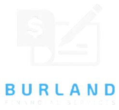 Burland Financial Services logo with light blue text and a pale finance icon