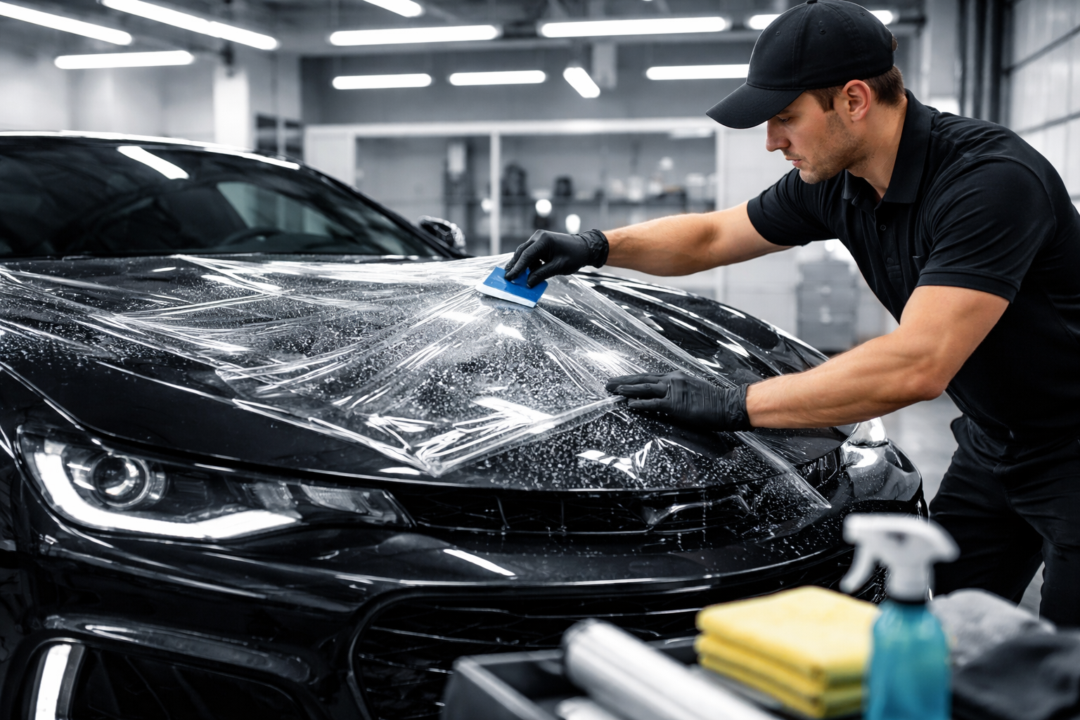A technician in black workwear applies a clear protective film to the black hood of a car in a garage.