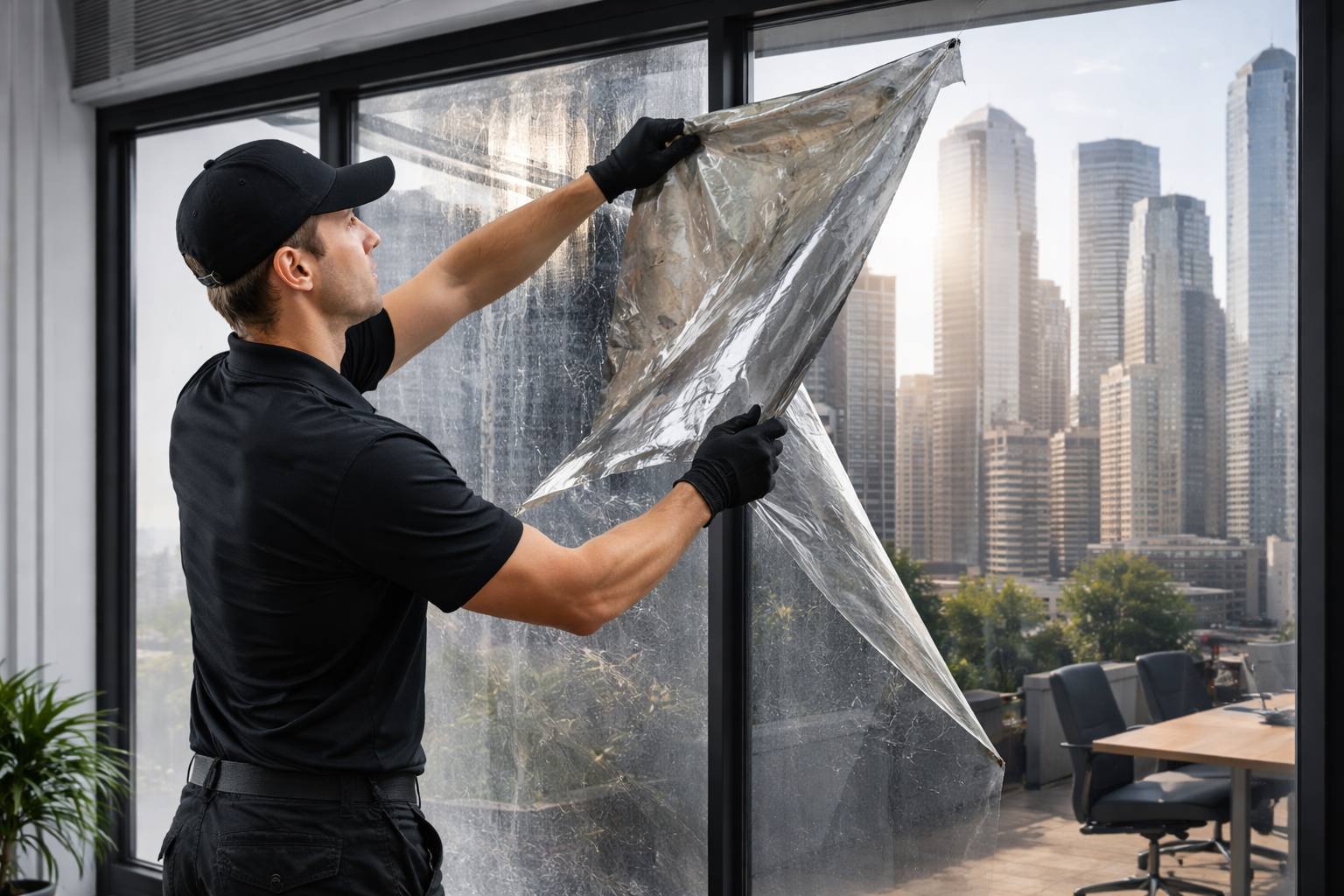 A person in a black uniform and gloves applying adhesive window film to a glass pane overlooking a city skyline.