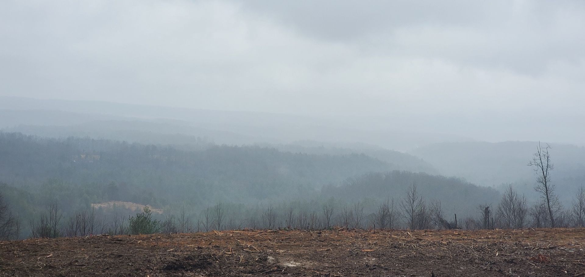 Overcast view of a valley with forested, rolling hills under a cloudy, grey sky, seen from a foreground of bare earth.