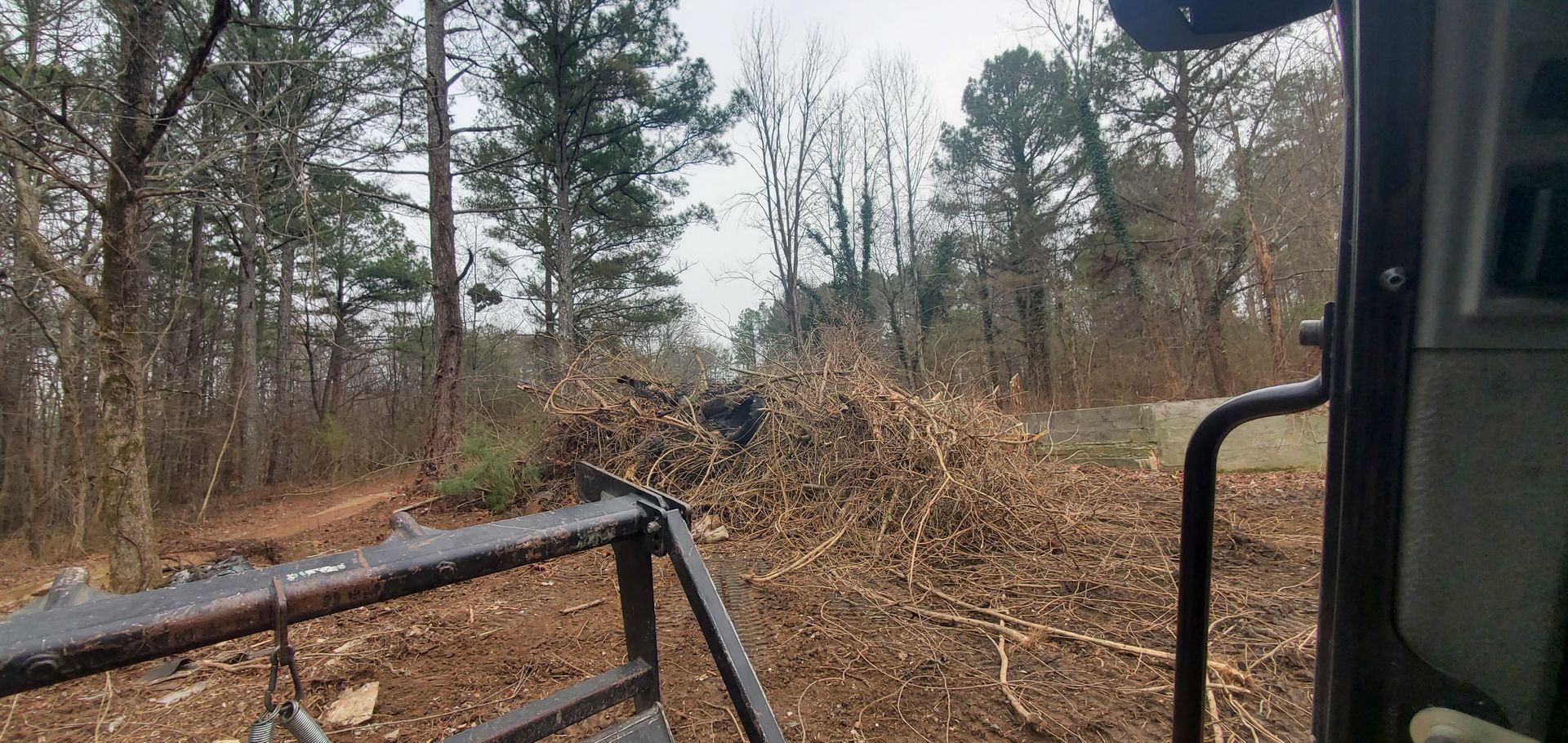 View from a heavy machinery cab overlooking a wooded area with a large pile of brush and debris.