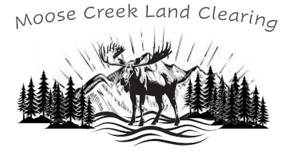 Logo for Moose Creek Land Clearing with a moose standing in water before mountains and a forest of evergreen trees.