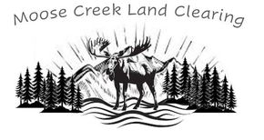 Logo for Moose Creek Land Clearing with a moose standing in water before mountains and a forest of evergreen trees.